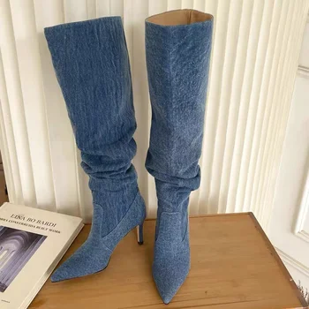 קפלים עקבים גבוהים ג 'ינס מגפי נשים 2023 סתיו ג' ינס ברך גבוהה מגפי בוקרים אישה כחול דק עקבים זמן Botas Feminina