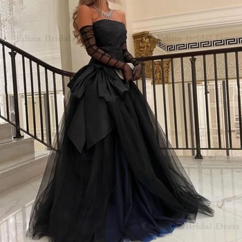 שחור טול שמלות ערב ארוכות שמלות נשף לנשים באורך רצפת Ruched שמלת נשף סאטן עבור ג ' וניורס שרוולים vestidos