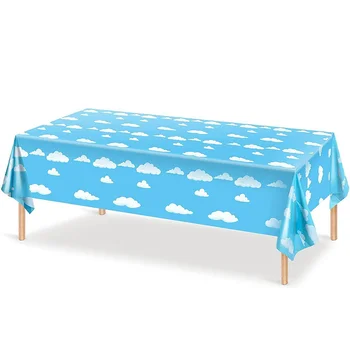 שמיים כחולים, עננים לבנים מפת שולחן המטבח רץ קישוט מסיבת פיקניק חד פעמית מפלסטיק האוכל