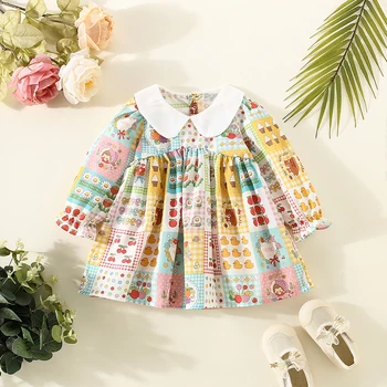 תינוק להתלבש ילדה בגדי הבובה צוואר שרוול ארוך שמלה צבעונית משובצת בסגנון קוריאני כותנה שמלה עבור ילדים