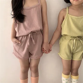 תינוקת להגדיר Suspender האפוד חליפת כותנה קיץ 2023 שני חלקים סט מוצק צבע רך נוח מקרית פשוטה הילדים Homewear
