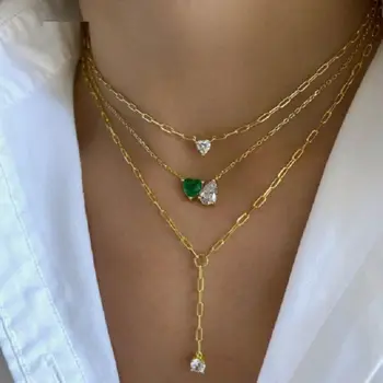 תכשיטים, אביזרים ורוד ירוק בלב אבן CZ שרשרת תליון לנשים עם זהב מצופה צבע בגודל 41+5 ס 