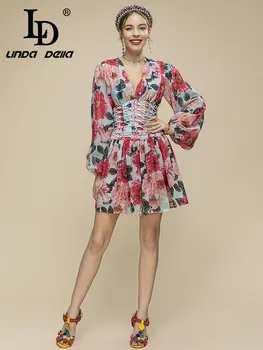 תעודת זהות לינדה דלה אופנה מסלול קיץ שמלה של נשים סקסי V-פנס שרוול פרח הדפסה בציר קצרה שמלת מסיבת חג