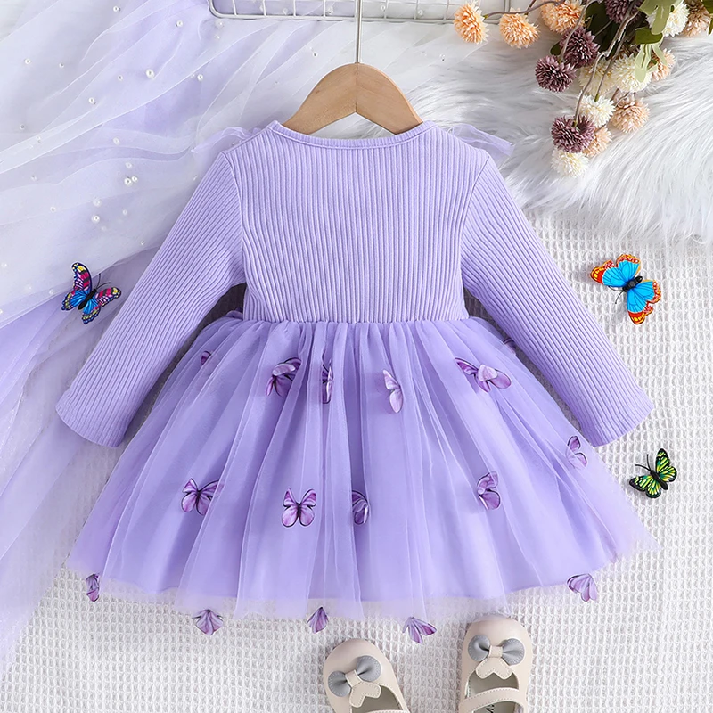 0-4Y ילדים בנות הסתיו להתלבש תינוק שרוול ארוך מצולעים טלאים פרפר חצאית טול שמלת מסיבת ילדים הבגדים - 1
