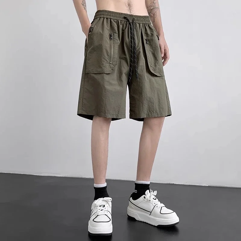 2023 אמריקאי מזדמנים מכנסיים קצרים לגברים שרוך כיס רוכסן המכנסיים אופנה הקיץ אלסטי קצר גבר בציר ברמודה - 1
