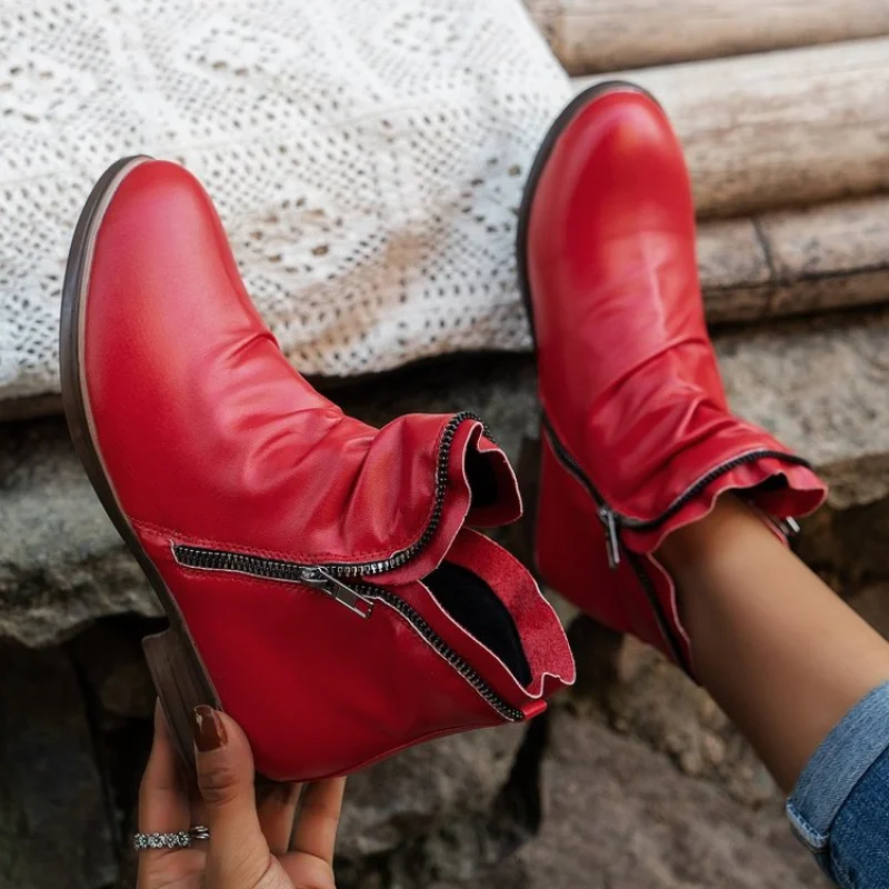 2023 באיכות גבוהה נעלי נשים בסיסי מגפי נשים לחורף יומי, מגפי נשים מוצק כיכר עקב נמוך Zip נעלי נשים ZapatosMujer - 0