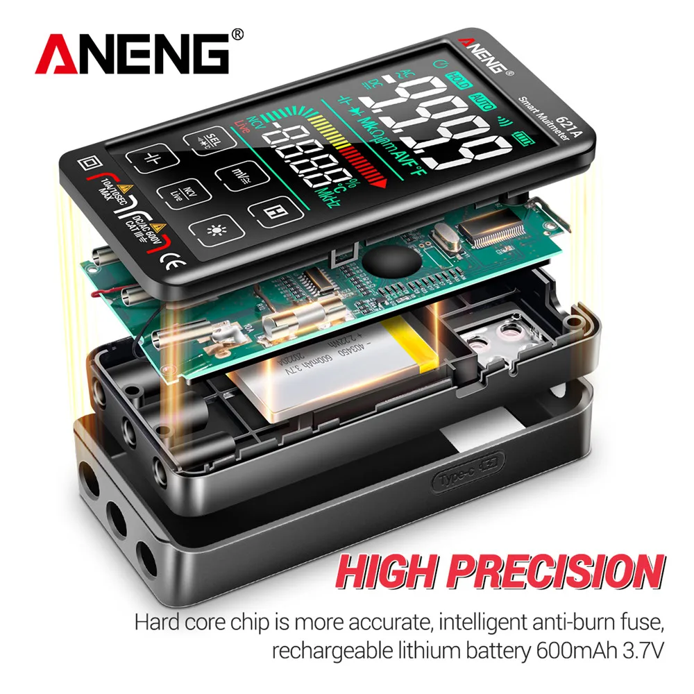 ANENG 621A דיגיטלי מודד 9999 נחשב אוטומטי טווח טעינה USB נייד NCV המונה מודד מד הזרם מסך מגע LCD - 2