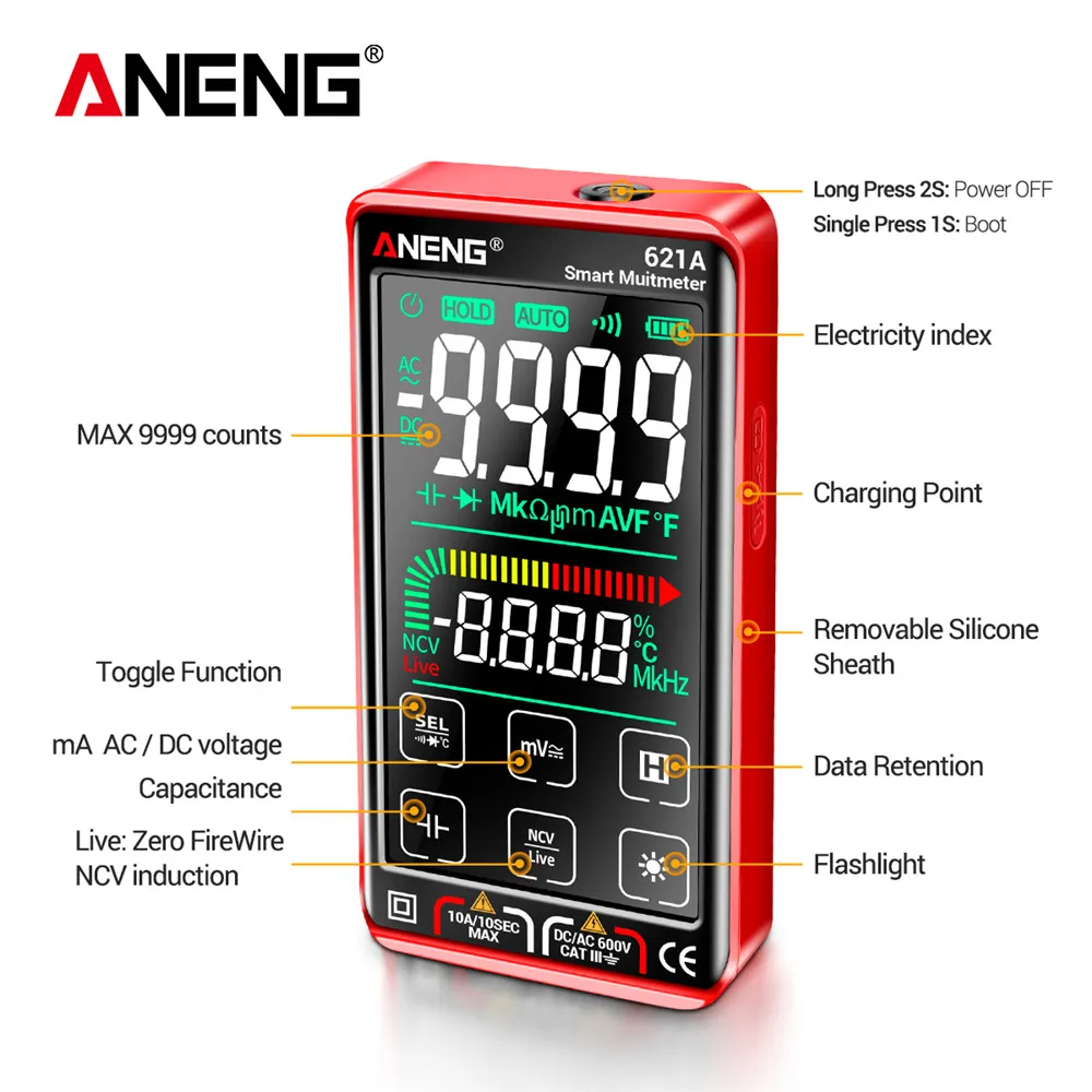 ANENG 621A דיגיטלי מודד 9999 נחשב אוטומטי טווח טעינה USB נייד NCV המונה מודד מד הזרם מסך מגע LCD - 4