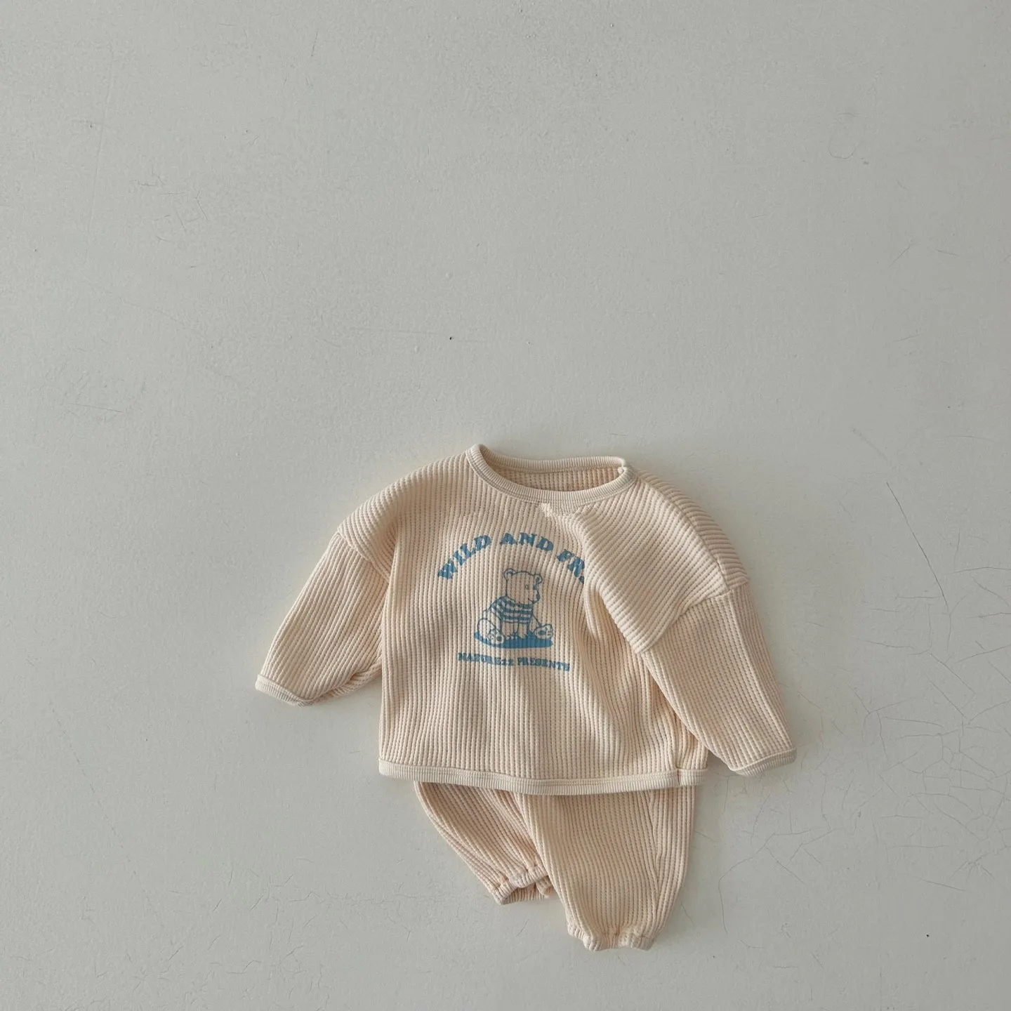 אביב סתיו מוצק צבע תינוקות קפוצ ' ונים לישון לבוש תלבושת ילדה אופנתי ארוך שרוולים צוואר עגול חולצות+מכנסיים מזדמנים 2pcs - 3