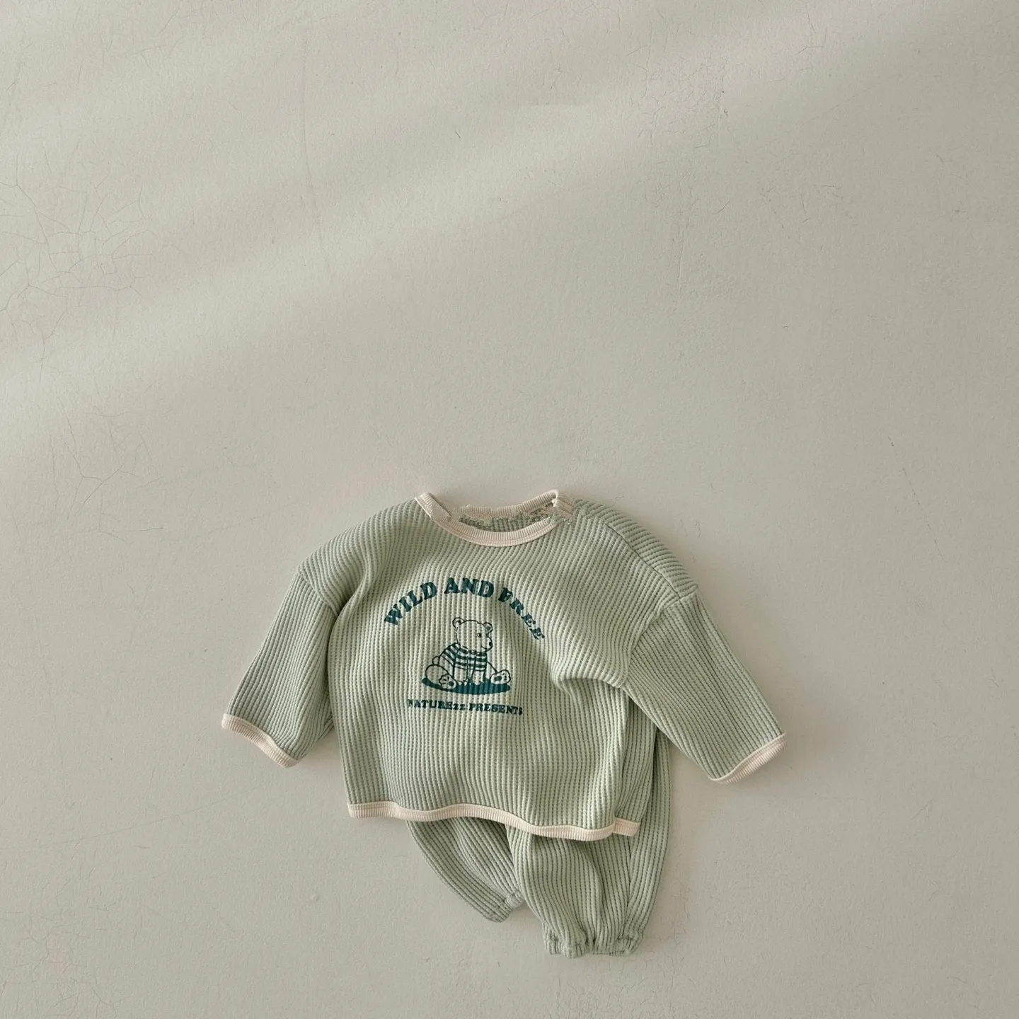 אביב סתיו מוצק צבע תינוקות קפוצ ' ונים לישון לבוש תלבושת ילדה אופנתי ארוך שרוולים צוואר עגול חולצות+מכנסיים מזדמנים 2pcs - 4