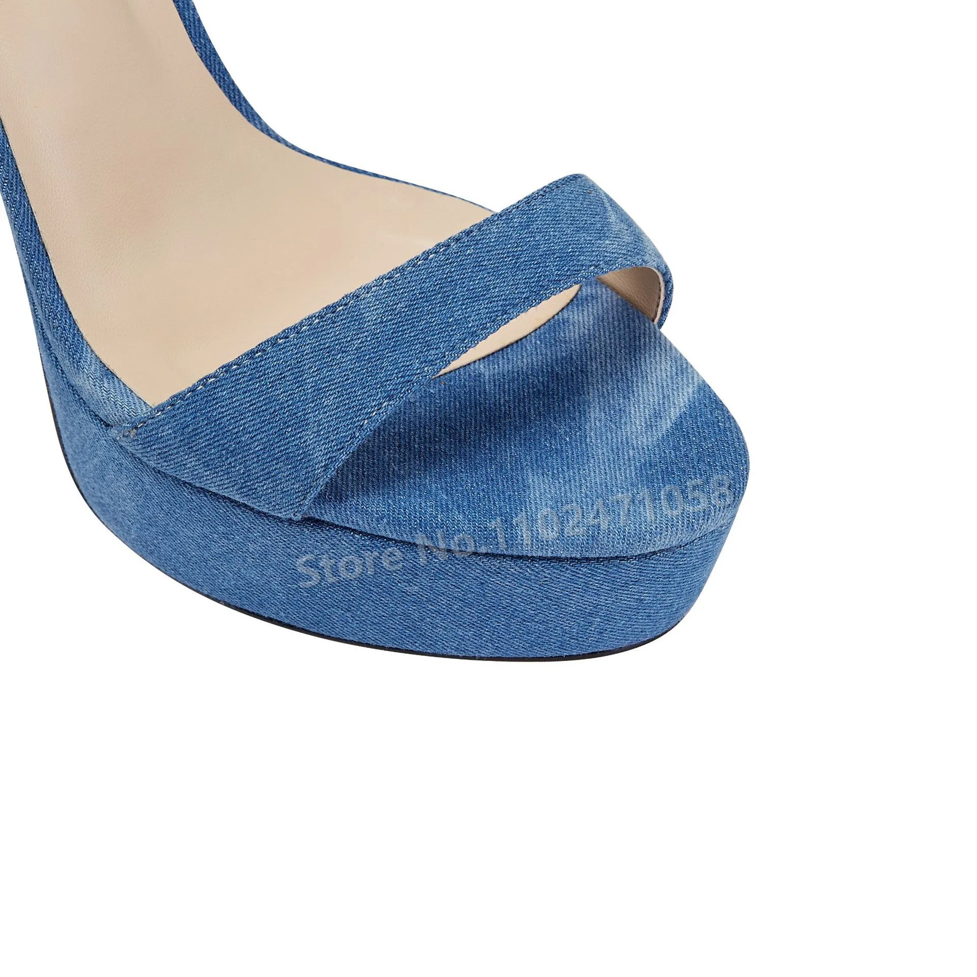 ג ' ינס כחול רצועה אחת Hight עקבים סנדלים נשים עבה פלטפורמת הבוהן ציוץ דק עקבים קרסול אבזם רצועה גבירותיי נעלי מסיבת משאבות - 1