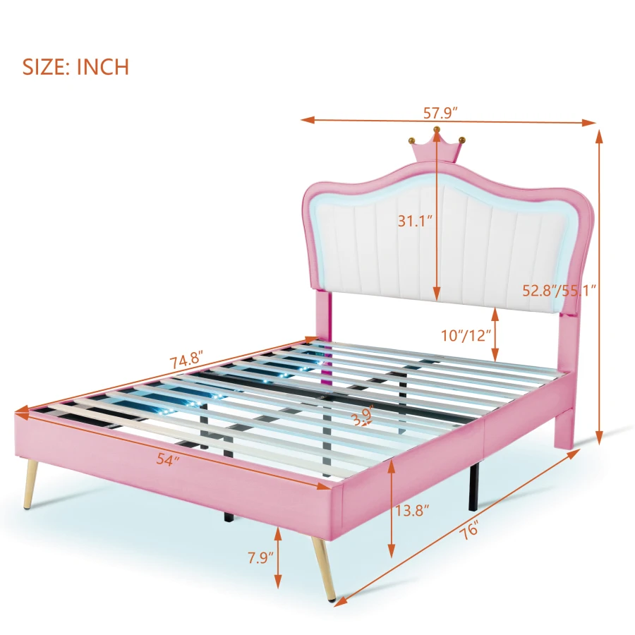גודל מלא מרופדים מסגרת מיטה עם נורות LED,מודרני מרופדים הנסיכה למיטה עם כתר המיטה,לבן+ורוד - 5