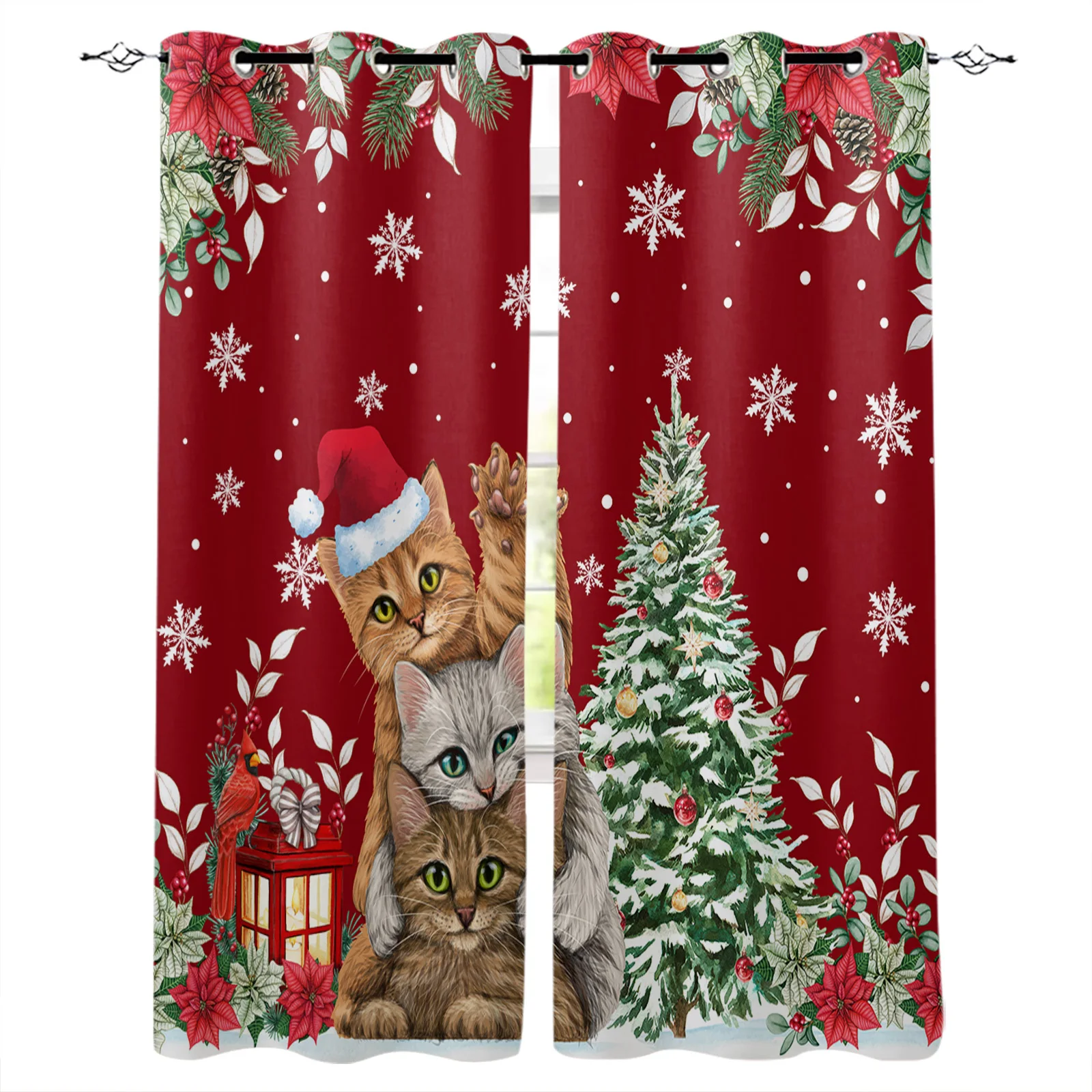 חלבלוב חג המולד חתול לבנבן וילונות סלון, חדר ילדים, חדר שינה וילון חלון המרפסת האולם מותאם אישית וילון ארוך Cortinas - 0