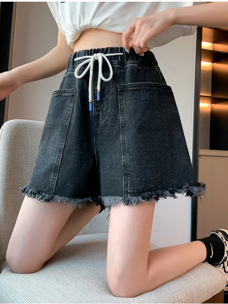 מ-6XL מכנסי ג 'ינס קצרים נשים 2023 קיץ אופנה קוריאנית שחור מזדמנים גבוה מותן כיס מוצק צבע מכנסיים קצרים רחב הרגל ג' ינס נשים - 2