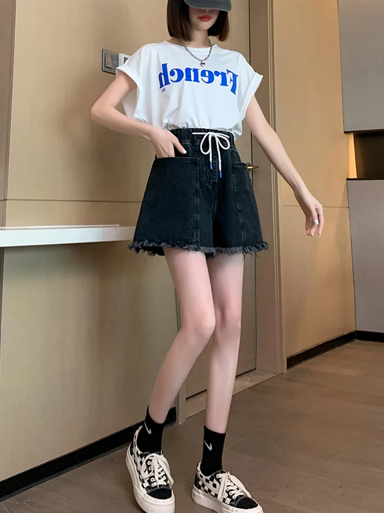 מ-6XL מכנסי ג 'ינס קצרים נשים 2023 קיץ אופנה קוריאנית שחור מזדמנים גבוה מותן כיס מוצק צבע מכנסיים קצרים רחב הרגל ג' ינס נשים - 3