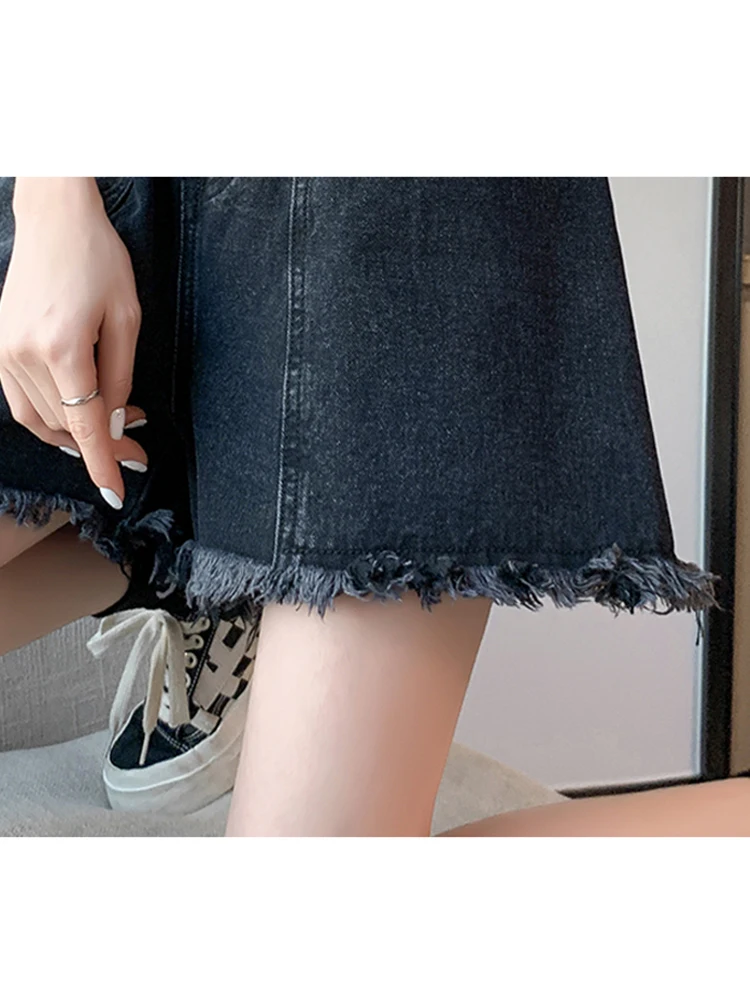 מ-6XL מכנסי ג 'ינס קצרים נשים 2023 קיץ אופנה קוריאנית שחור מזדמנים גבוה מותן כיס מוצק צבע מכנסיים קצרים רחב הרגל ג' ינס נשים - 5