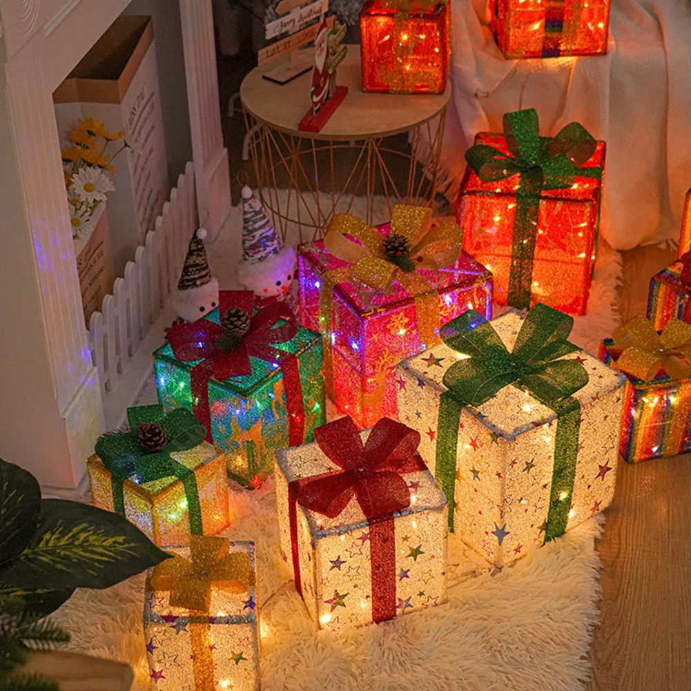 מתנת חג המולד קופסת קישוטים עם קשתות סט של 3 מואר קופסאות דקורטיביות על סוללות שלט רחוק מסיבת חג המולד טובות - 0
