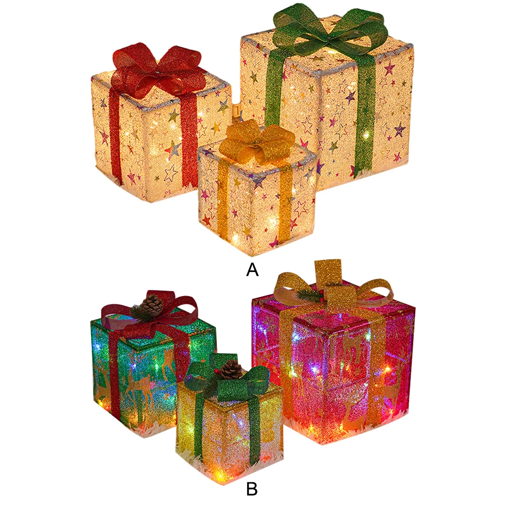 מתנת חג המולד קופסת קישוטים עם קשתות סט של 3 מואר קופסאות דקורטיביות על סוללות שלט רחוק מסיבת חג המולד טובות - 2