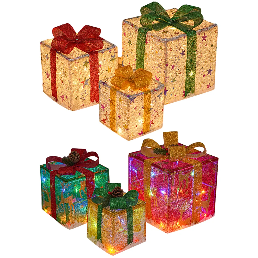 מתנת חג המולד קופסת קישוטים עם קשתות סט של 3 מואר קופסאות דקורטיביות על סוללות שלט רחוק מסיבת חג המולד טובות - 4