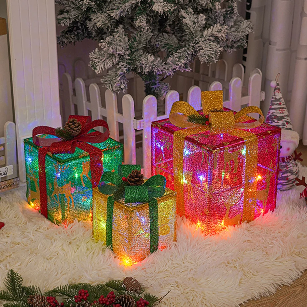 מתנת חג המולד קופסת קישוטים עם קשתות סט של 3 מואר קופסאות דקורטיביות על סוללות שלט רחוק מסיבת חג המולד טובות - 5