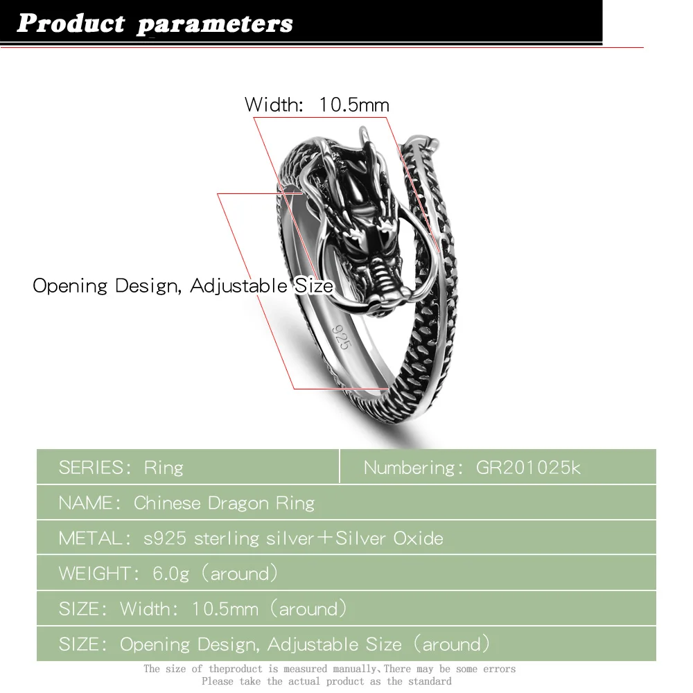 סינית בסגנון וינטג יצירתי טבעת הדרקון 100% כסף סטרלינג 925 צמיד מיוחד תכשיטים אישית מסיבת יום הולדת מתנות - 1