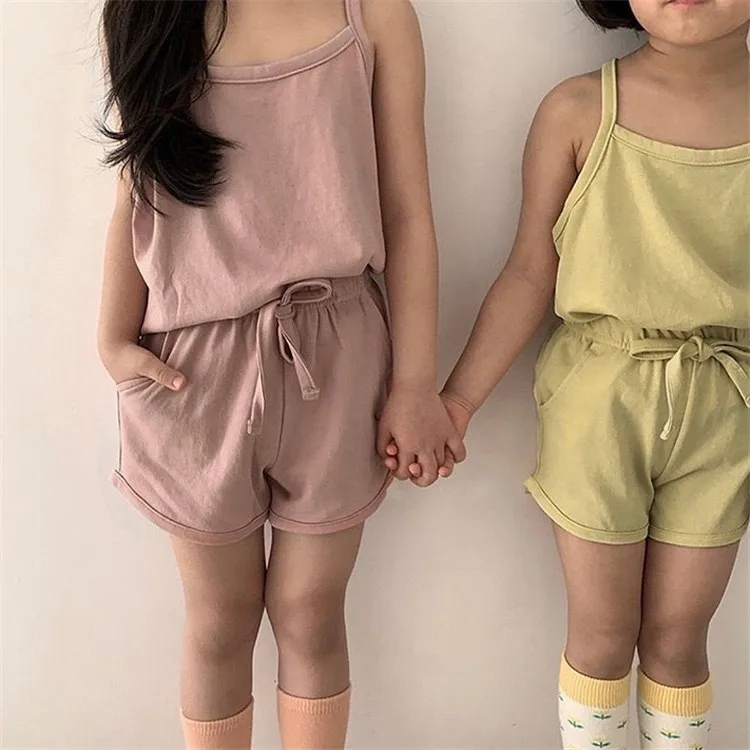 תינוקת להגדיר Suspender האפוד חליפת כותנה קיץ 2023 שני חלקים סט מוצק צבע רך נוח מקרית פשוטה הילדים Homewear - 0